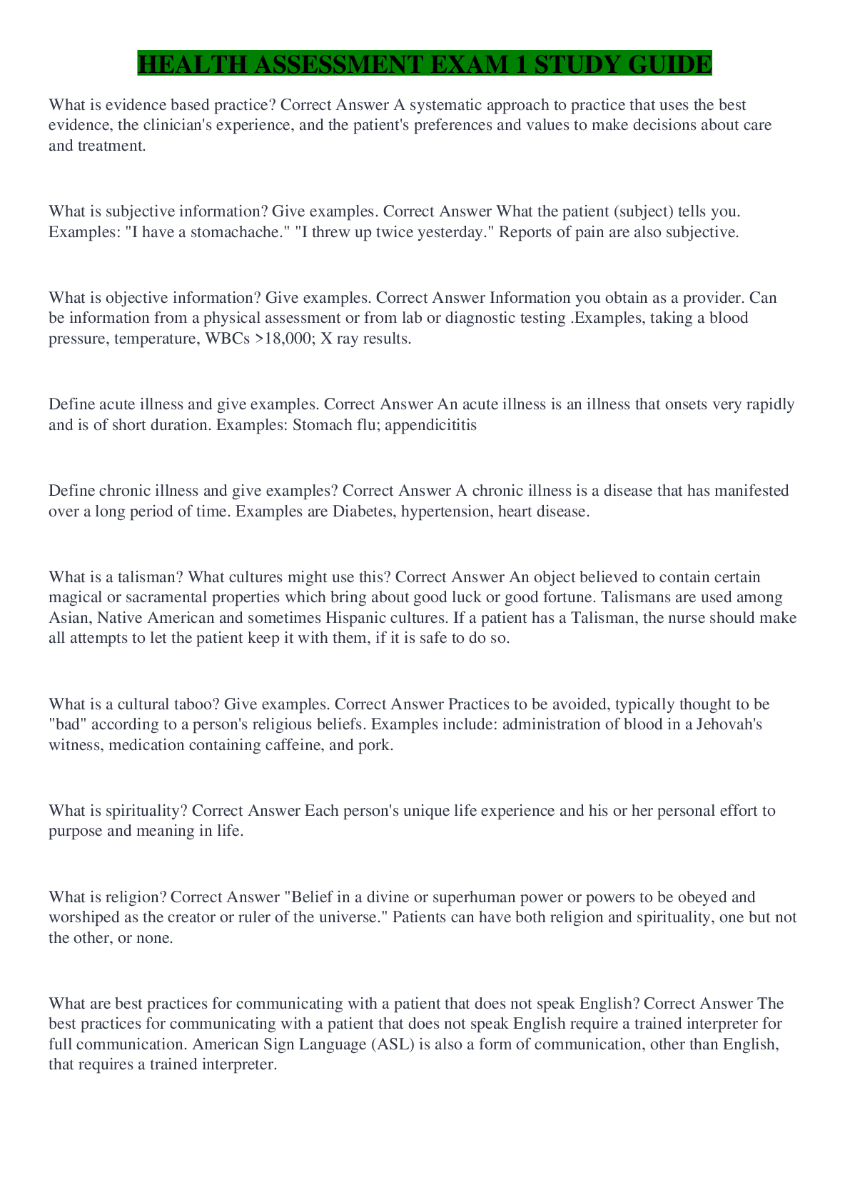 Preview image of HEALTH ASSESSMENT EXAM 1 STUDY GUIDE document